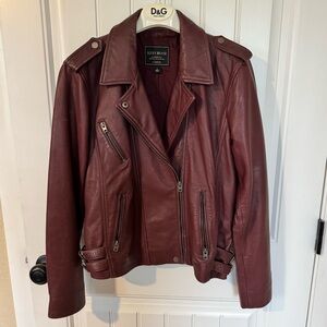 Lucky Brand maroon/ox blood leather bomber motorcycle jacket. Size L EUC